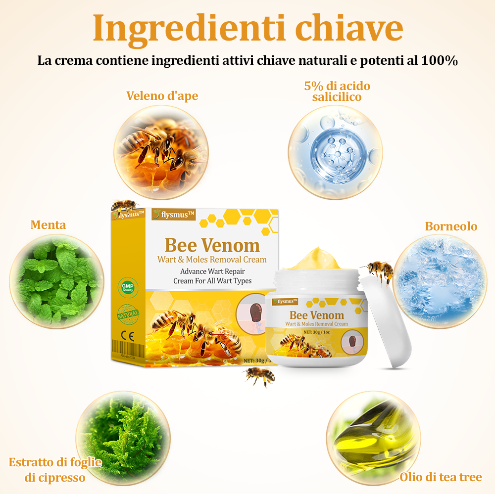 👨⚕️flysmus™ Cura Forte al veleno d'ape, Tratta verruche, escrescenze, infezioni e cicatrici, Leviga la pelle irregolare, Certificato dalla Società Italiana di Dermatologia (SIDeMaST) 🌟