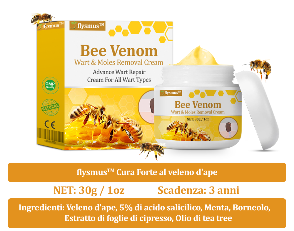 👨⚕️flysmus™ Cura Forte al veleno d'ape, Tratta verruche, escrescenze, infezioni e cicatrici, Leviga la pelle irregolare, Certificato dalla Società Italiana di Dermatologia (SIDeMaST) 🌟