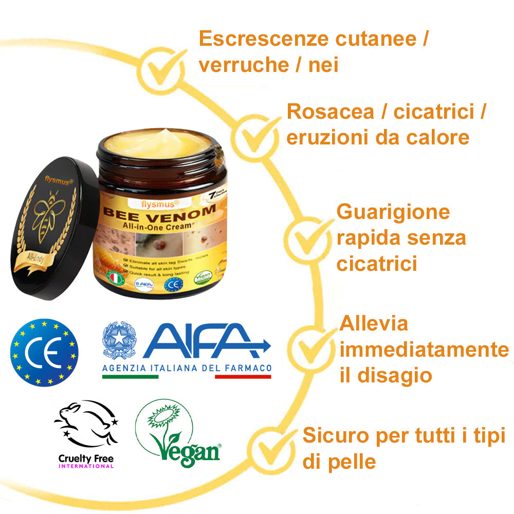 👩⚕️flysmus® Crema al Veleno d’Ape – Testata da dermatologi. Efficace contro verruche, noduli, lesioni, infezioni e cicatrici.