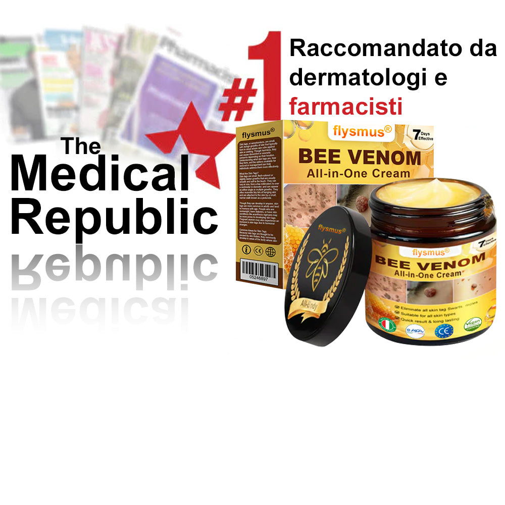 👩⚕️flysmus® Crema al Veleno d’Ape – Testata da dermatologi. Efficace contro verruche, noduli, lesioni, infezioni e cicatrici.
