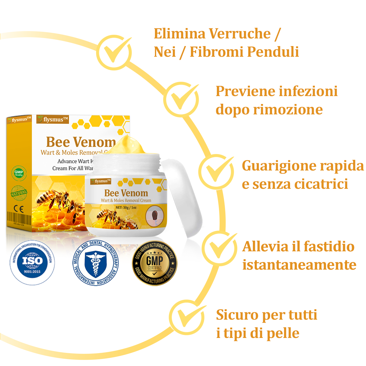 👨⚕️flysmus™ Cura Forte al veleno d'ape, Tratta verruche, escrescenze, infezioni e cicatrici, Leviga la pelle irregolare, Certificato dalla Società Italiana di Dermatologia (SIDeMaST) 🌟