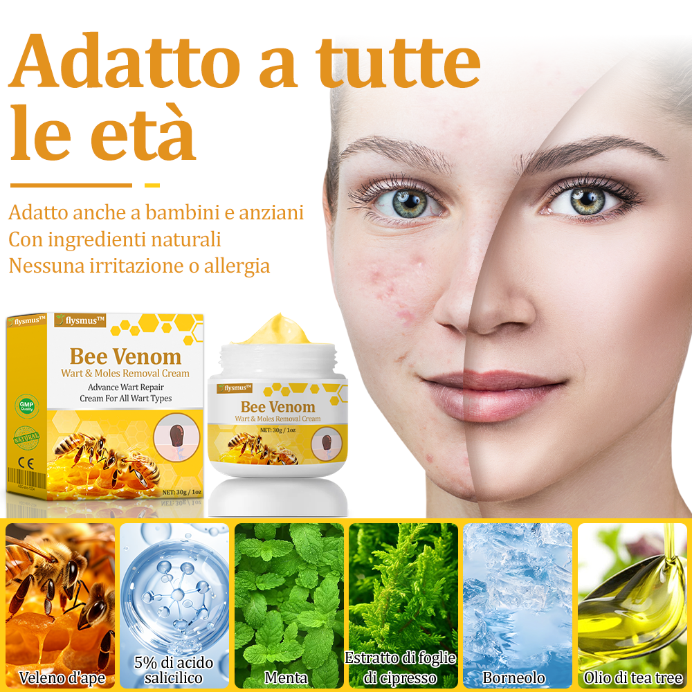 👨⚕️flysmus™ Cura Forte al veleno d'ape, Tratta verruche, escrescenze, infezioni e cicatrici, Leviga la pelle irregolare, Certificato dalla Società Italiana di Dermatologia (SIDeMaST) 🌟