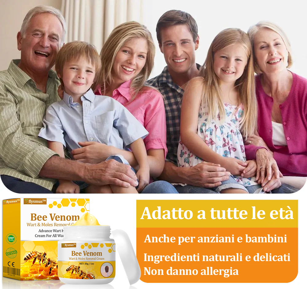 👨⚕️flysmus™ Cura Forte al veleno d'ape, Tratta verruche, escrescenze, infezioni e cicatrici, Leviga la pelle irregolare, Certificato dalla Società Italiana di Dermatologia (SIDeMaST) 🌟